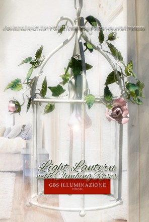 Cylindrical lantern with climbing Roses and rosebuds. Hand-decorated wrought iron. Made in Italy