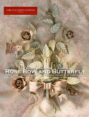 1-light Sconce with Rose Bow and Butterfly, white enamel patina. Hand-decorated wrought iron.