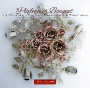 Plafonnier Bouquet blanc, rond, émail blanc patiné, roses couleur rose pétale
